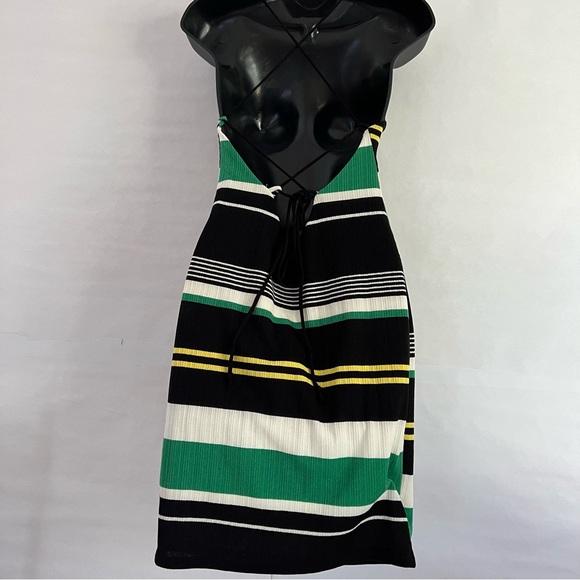 NWOT | Yellow White Green and Black Striped Mini Dress | Open Back | Large - Picture 2 of 4